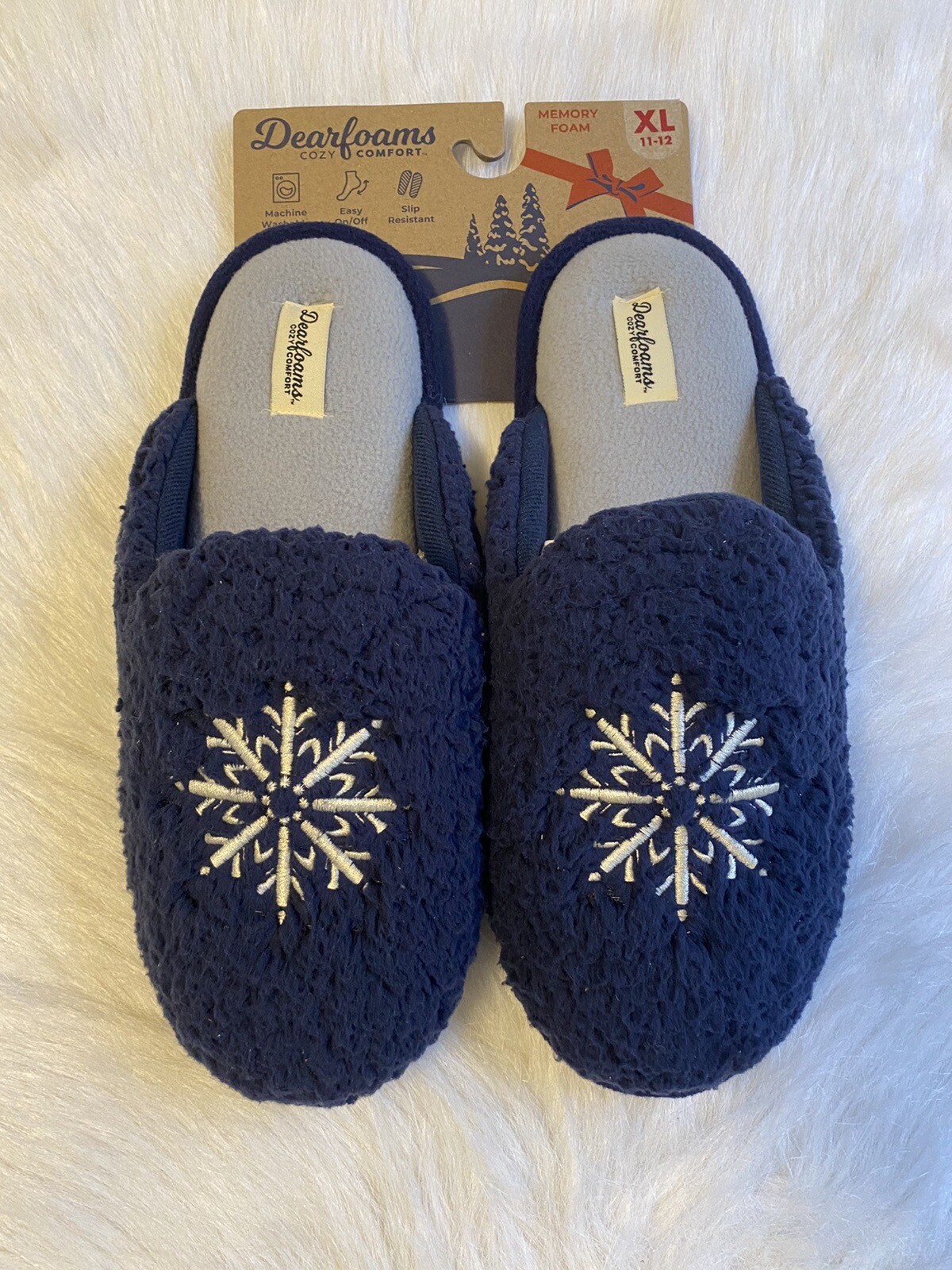 Dearfoams Women's Blue Snowflake Fuzzy Slip-On Slippers Size XL 11-12-image