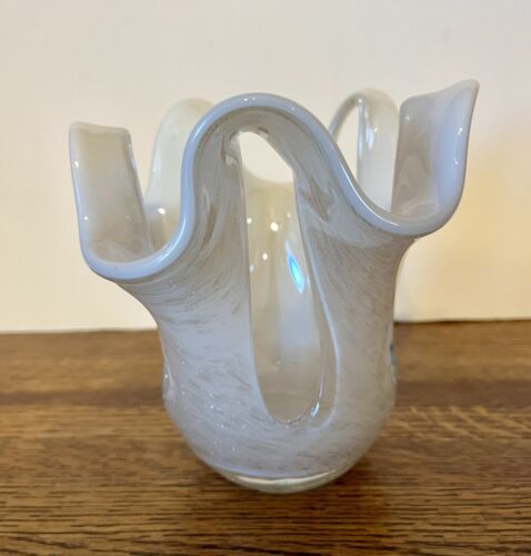 Vintage Polish Art Glass Vase White Swirl Ruffled Edge Hand Blown - Picture 2 of 8