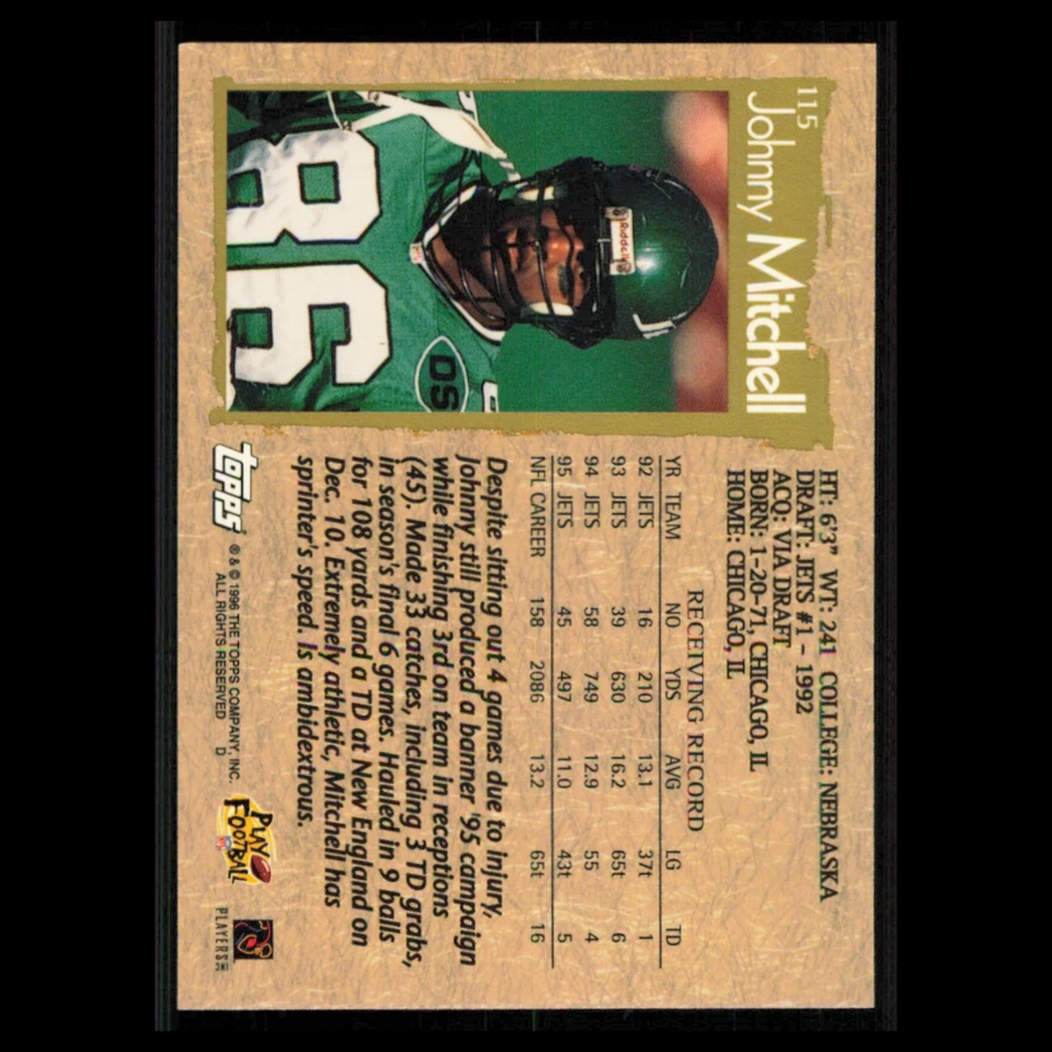 Johnny Mitchell #115 1996 Topps New York Jets Football Card NFL NM - Image 2 of 3