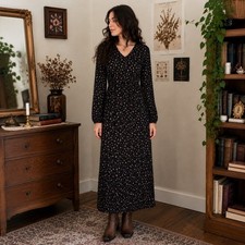 Women's Small Black Floral Midi Dress Long Sleeve Cottagecore Prairie Boho