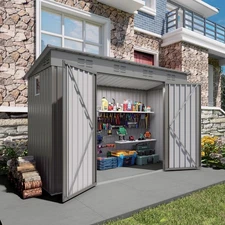 4x9ft Outdoor Metal Storage Shed Tool House w/ Sloping Roof & Double Swing Doors