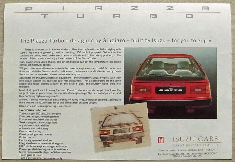 ISUZU PIAZZA TURBO Car Sales Brochure Oct 1985 - Image 3 of 3