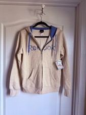 Reebok Full Zip Hoodie Womens Sz Small Cream Blue Logo Fleece NWT