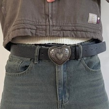 retro black engraved cowboy boho belt with silver heart buckle