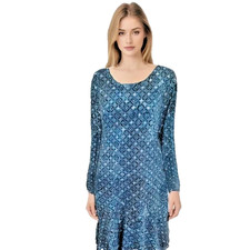MICHAEL KORS Heritage Blue L/S Printed Flounce Shark Bite Hem Dress ( XL )  NWT