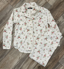 Lauren Ralph Lauren Fleece Pajama Set Women's XS Ivory Floral Sleepwear Logo