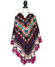 Rare Handmade Geometric Hooded Fringe Long Poncho Alpaca Sweater Aztec Bohemian
