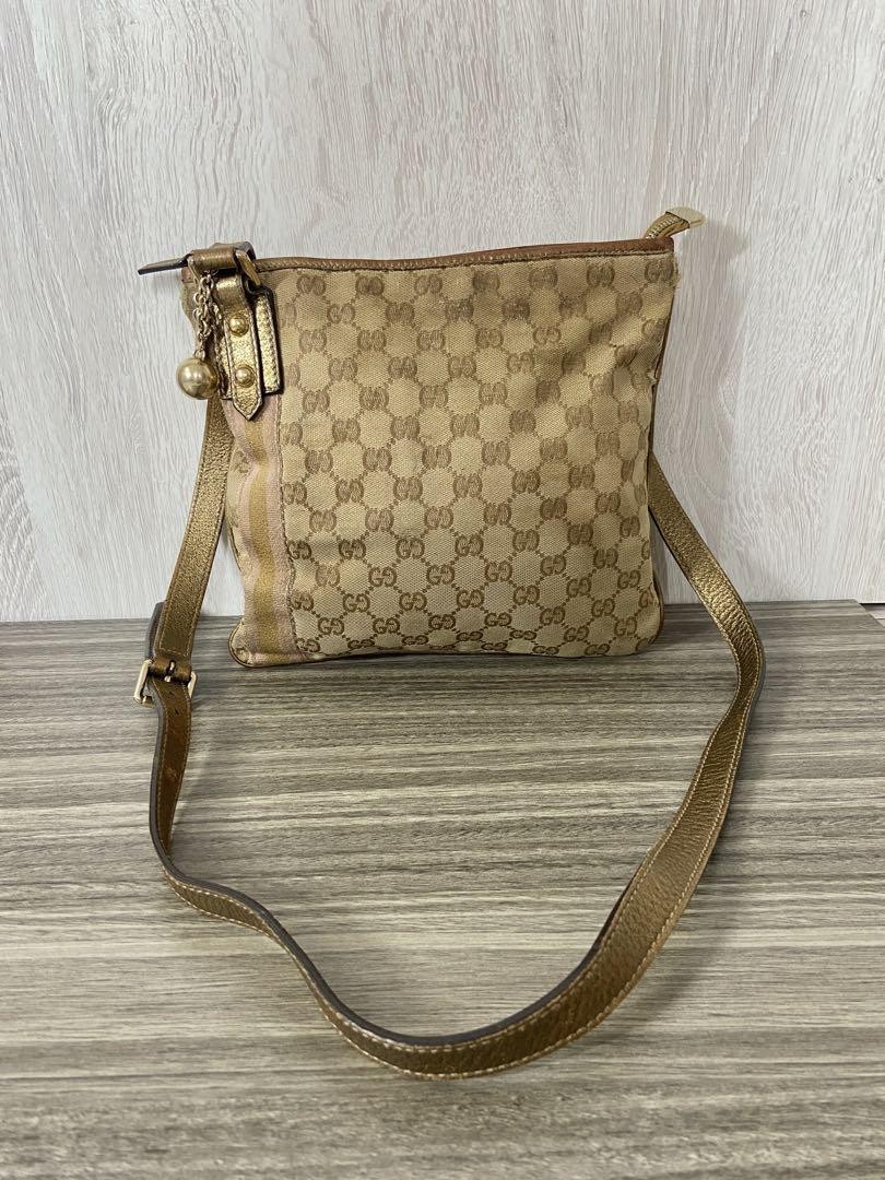 Gucci GG Canvas Leather Shoulder Bag Beige Brown Gold Charm Near Unused 8.7x10.2