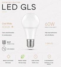 E27 GLS LED Light Bulb 7-10W 60W Equivalent Cool White 4000K ES Edison Screw