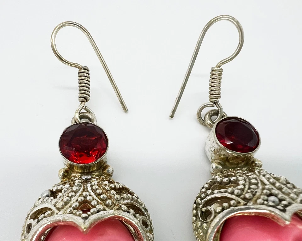 复古纯银巴厘岛女神脸 Sajen 风格耳环红色粉红色宝石 925 — 第 4/4 张图片
