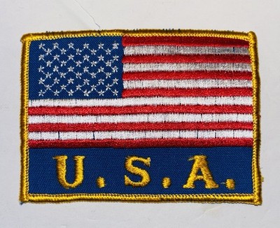AMERICAN FLAG EMBROIDERED PATCH Sew On GOLD BORDER USA 3.75  X 2.75 