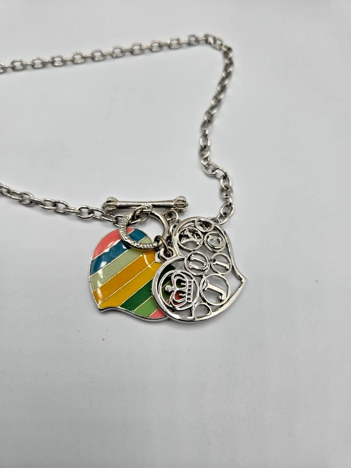 Juicy Couture Rainbow Enamel Heart Toggle Necklace JC Crown Logo Y2K Chunky Chai - Image 2 of 4