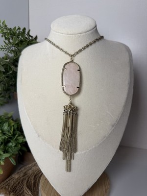 Kendra Scott Rayne Necklace Pink Rose Quartz Gold Pendant Tassel Long Layering