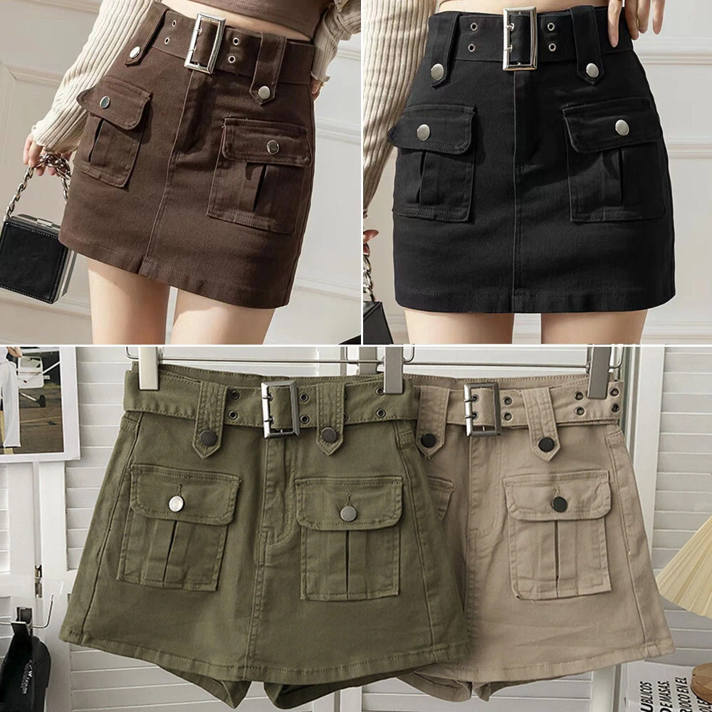 Bas Jupes Taille Haute Jupes Cargo Mini Jupe Poches Streetwear