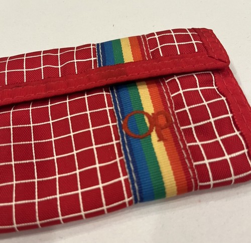 1980's OP Ocean Pacific Wallet Vintage Trifold Nylon Red Checkerboard Rainbow - 第 2/11 張圖片