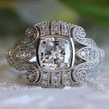 2Ct Cushion Moissanite Solid Art Deco Style Bezel Set Ring 14K White Gold Plated