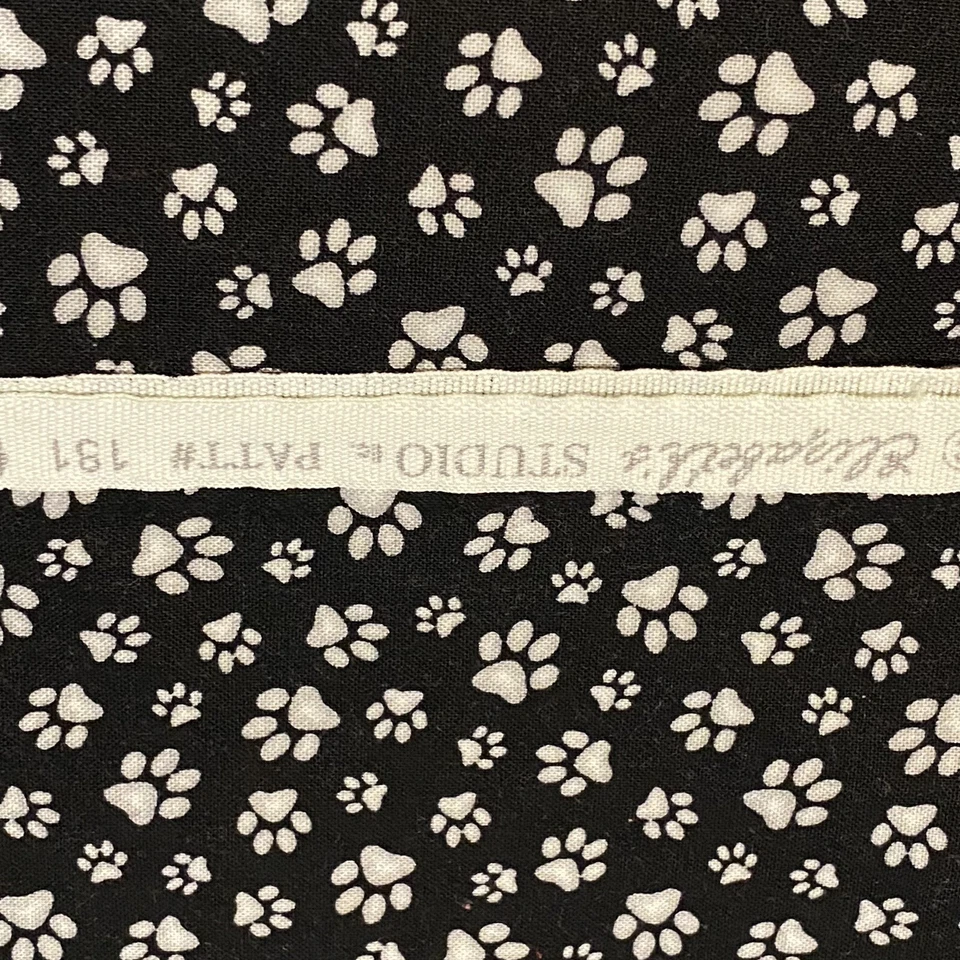 Puppy Paw Print Remnant Fabric Black Background White Paws 40x30 - Image 4 of 4