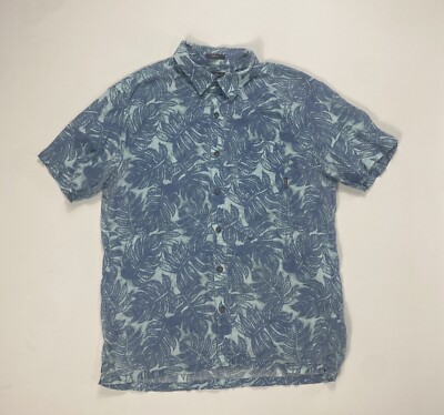Eddie Bauer Classic Fit Hawaiian Mens Large Blue Floral Linen Aloha Beach Modern