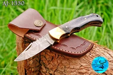 DAMASCUS STEEL BACK LOCK FOLDING POCKET KNIFE WOOD & BRASS BOLSTER HANDLE 1330