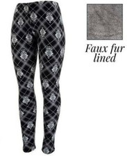 Women's Fleece Lined Leggings Damask Plaid Print Winter Thick Warm BLACK