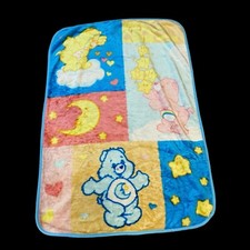 VTG Care Bears Plush Baby Blanket Thick Crib Throw 41x29 Bedtime Funshine STAIN