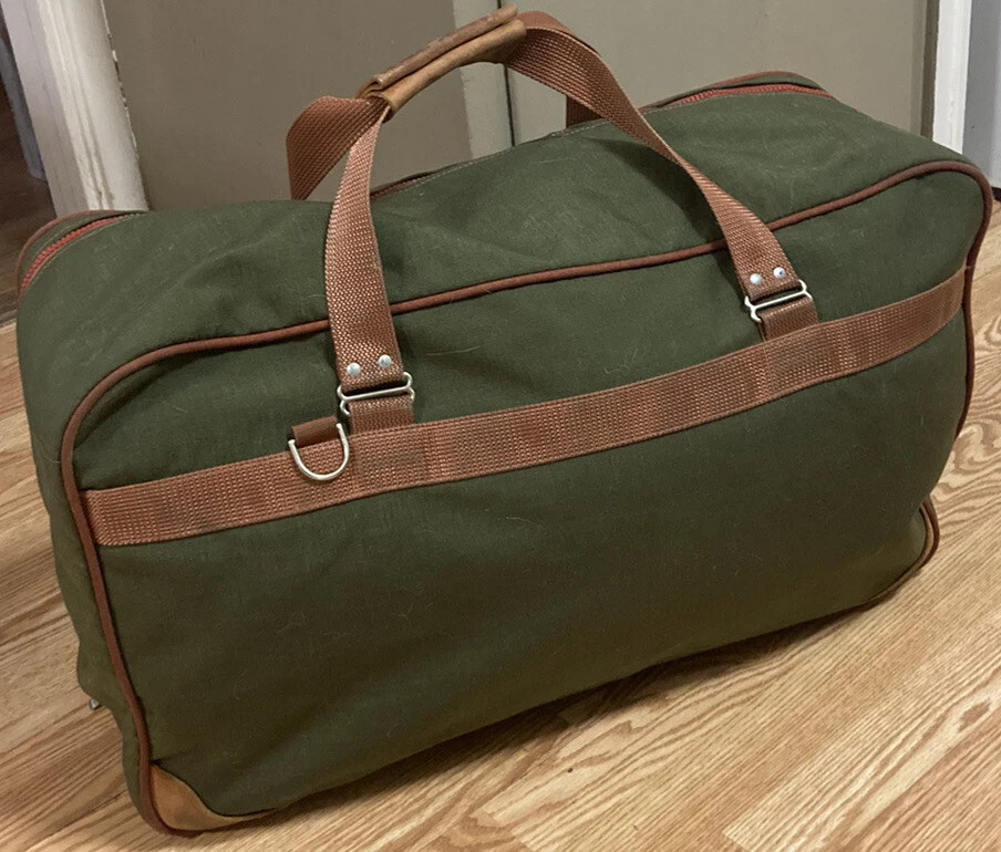 Vintage Andiamo Green Brown Canvas Duffel Travel Weekender Luggage Bag USA