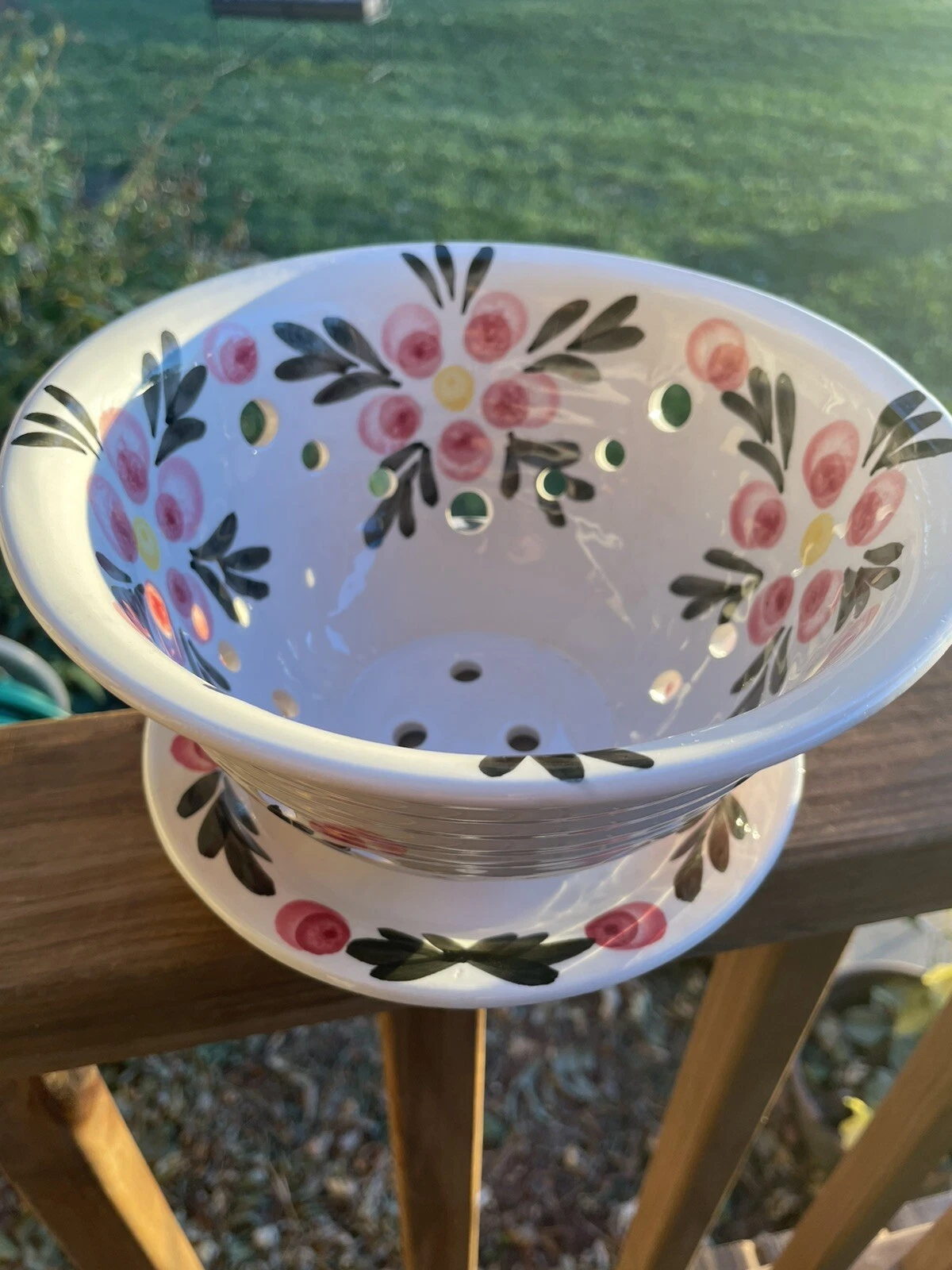 CeramicPottery Fruit Bowl W/Handles & Matching Underplate-Colander Kitchen Decor