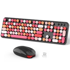 Wireless Keyboard and Mouse Combo, 104 Keys Full-Sized 2.4 GHz Round Keycap T...