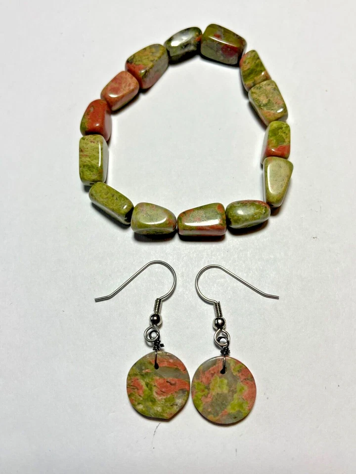 Lote de pendientes perforados pulsera collar piedra natural roja y verde Unakite Foto 3 de 4