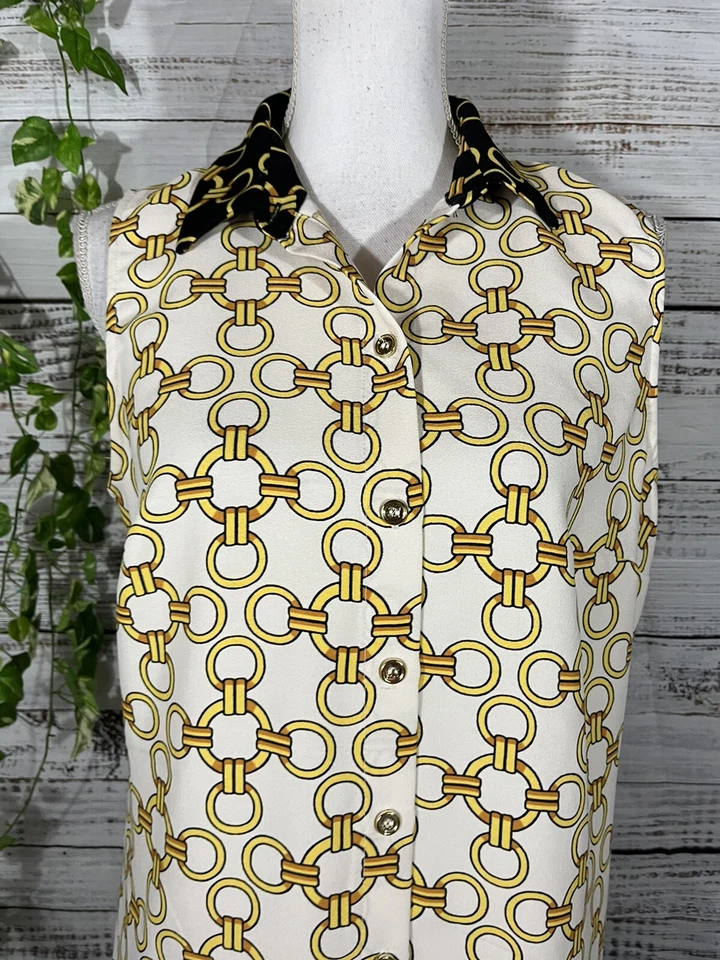 Coco Bianco Blouse Shirt size Medium Black Gold Chains Career Summer Beach Slim - Image 4 of 4