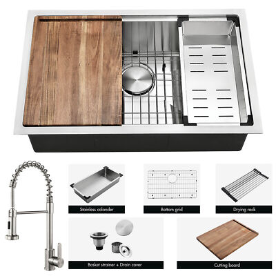 30'' Undermount Workstation Single Bowl Kitchen Sink w/ Accessories and Faucets