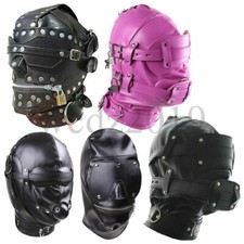 Leather Bondage Hood Mouth Gag Blindfold BDSM Full Head Mask Black Fast SHIP SM