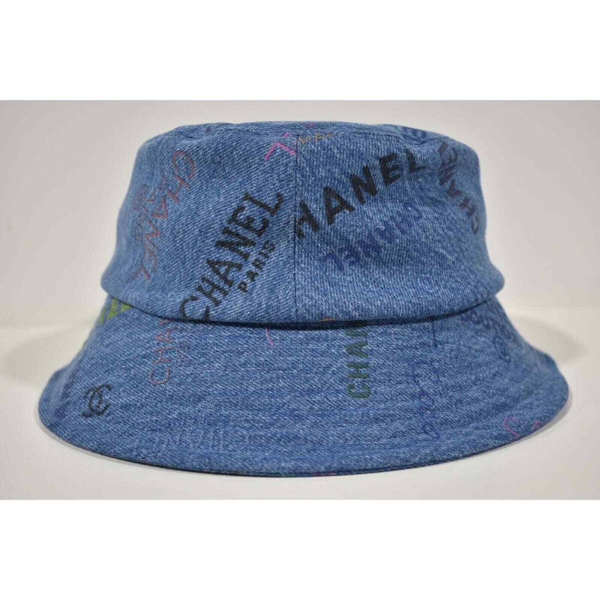 Chanel 22P Blue Black Pink Denim Graffiti CC Logo Sun Cloche