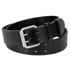  Men's Double Prong Belt 2 Holes Leather Jeans Belt Fit Pant upto 47in 00 Black