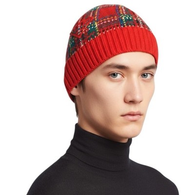 紅*ト様 美品 PRADA 幾何学模様 ニット ウールカーディガー 46 イタリ PRADA Authentic Wool Cashmere Beanie Hat Red Plaid Knit Triangle