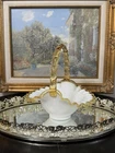 Fenton White Glass Decorative Basket Gold Trim Handle Round 6x6x8