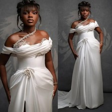 Simple Wedding Dresses One Shoulder Side Split Pearls Applique Lace Ruffles Gown