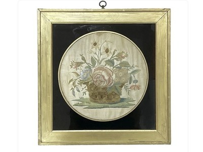 Floral Silkwork In Verre Eglomise And Giltwood Frame Antique Georgian C1820