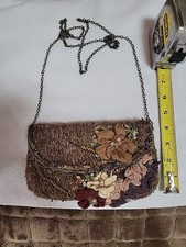 Small Tan Fabric Mary Frances Beaded Handbag 4"×7"