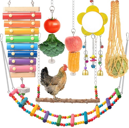 Chicken Toys for Coop 7PCS | Chicken Xylophone, Swing Set, Mirror Toy, Flexib...