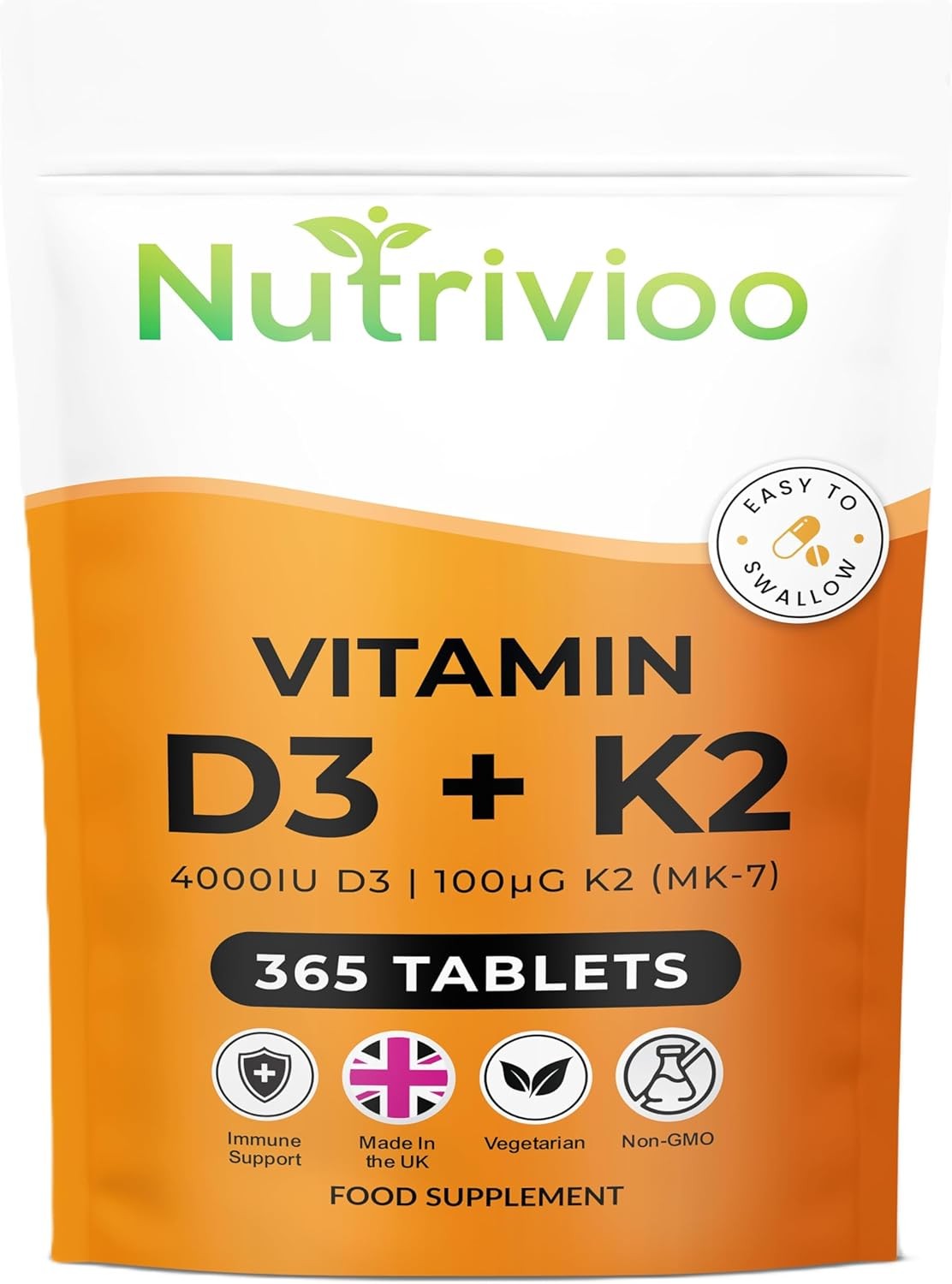 Vitamin D3 4000IU & Vitamin K2 MK7 100μg, 365 Easy-Swallow Vegetarian Tablets,