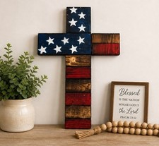 Handmade Rustic American Flag Cross 17x10 Wood Burned Patriotic Wall Decor