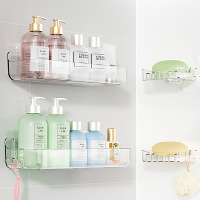 Clear Shower Caddy, Acrylic Wall Mounted Shower Shelves with Soap Dish & Adhesiv