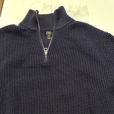 J.CREW Men's Solid Navy Mock Neck 1/4 Zip Waffle Knit Cotton Sweater L
