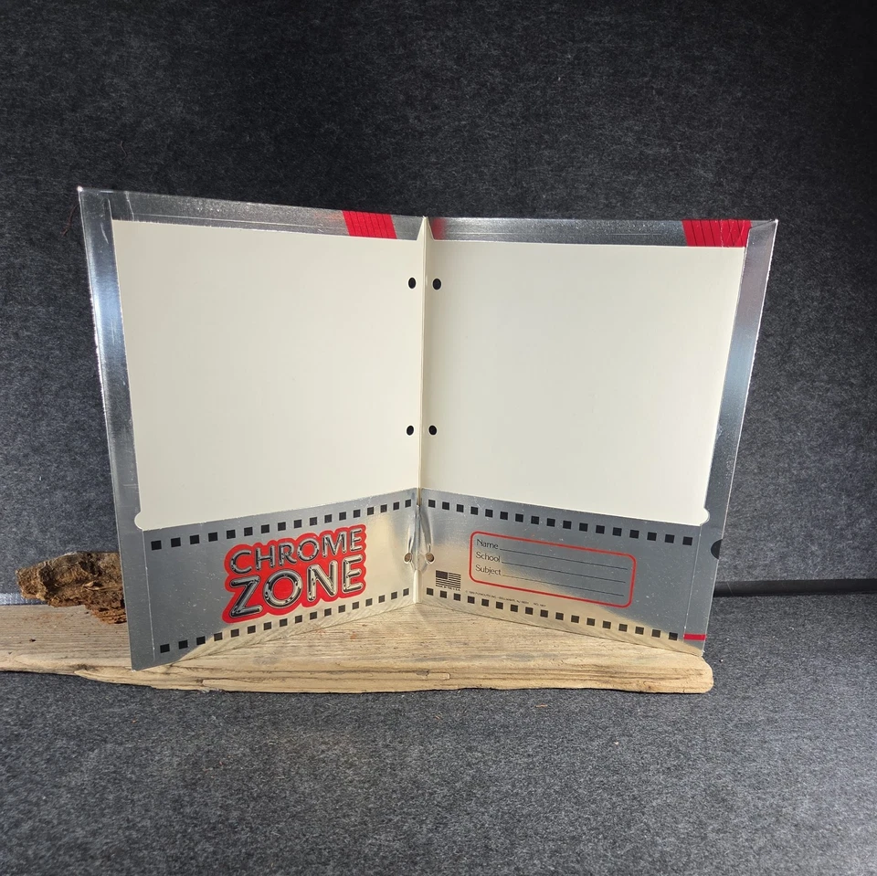 Carpeta de bolsillo plateada de 3 anillos para guitarra Chrome Zone 1989 de colección - material escolar retro Foto 4 de 4