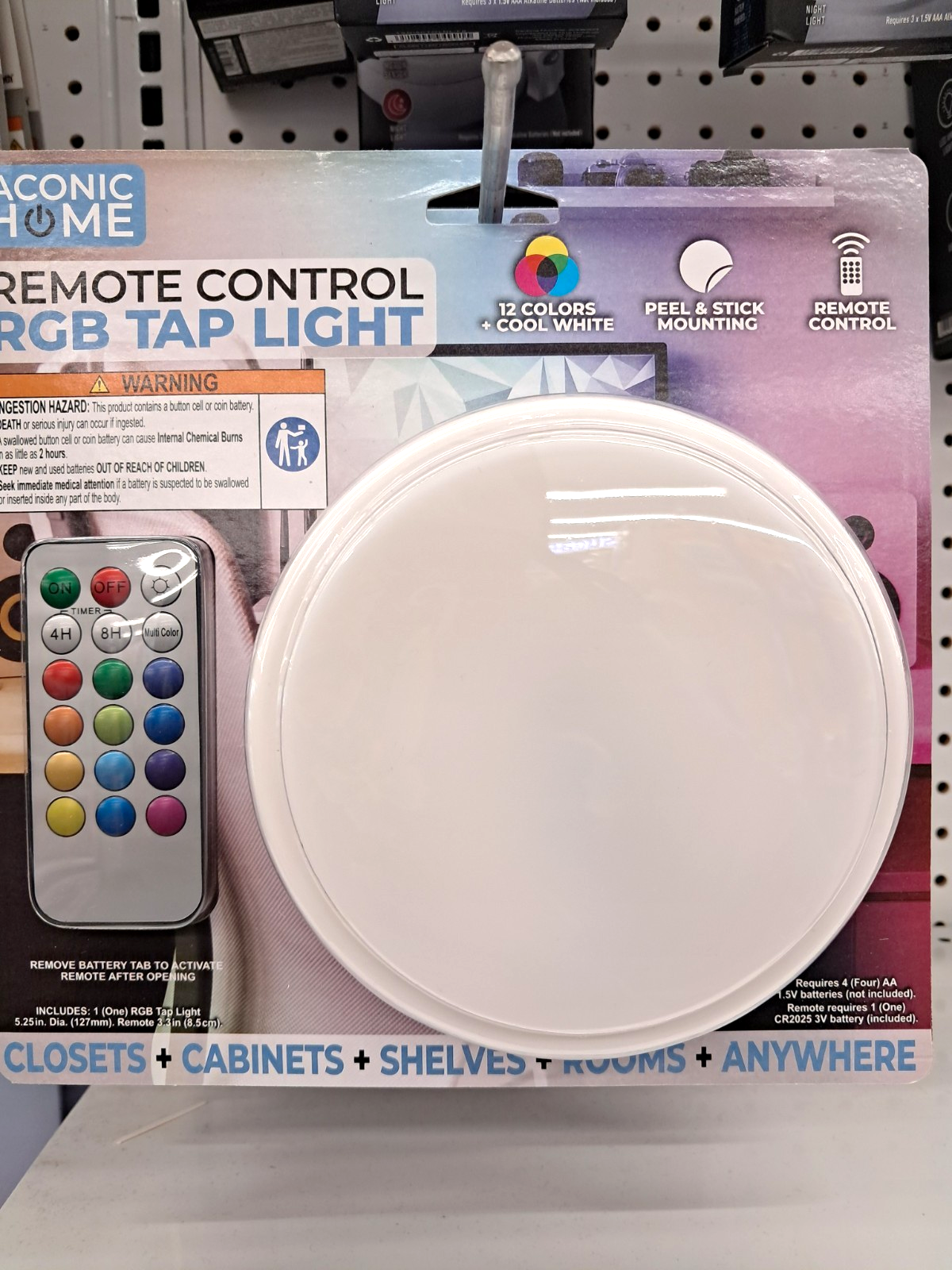 Aconic Home RGB Tap Light LED, 12 Colors + Cool White, Peel & Stick, Battery