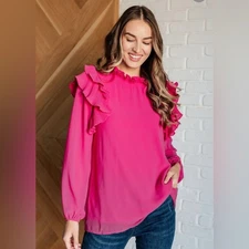 Jodifl Hot Pink Ruffle Long Sleeve Blouse Size L Excellent Condition
