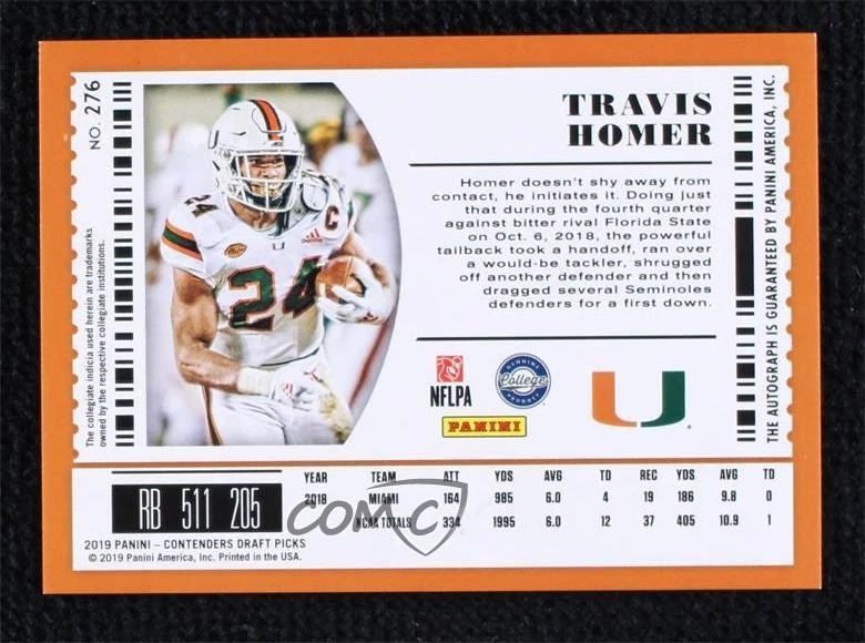 2019 Contenders Draft Picks College Fame Ticket /5 Travis Homer Rookie Auto RC - Image 2 of 2