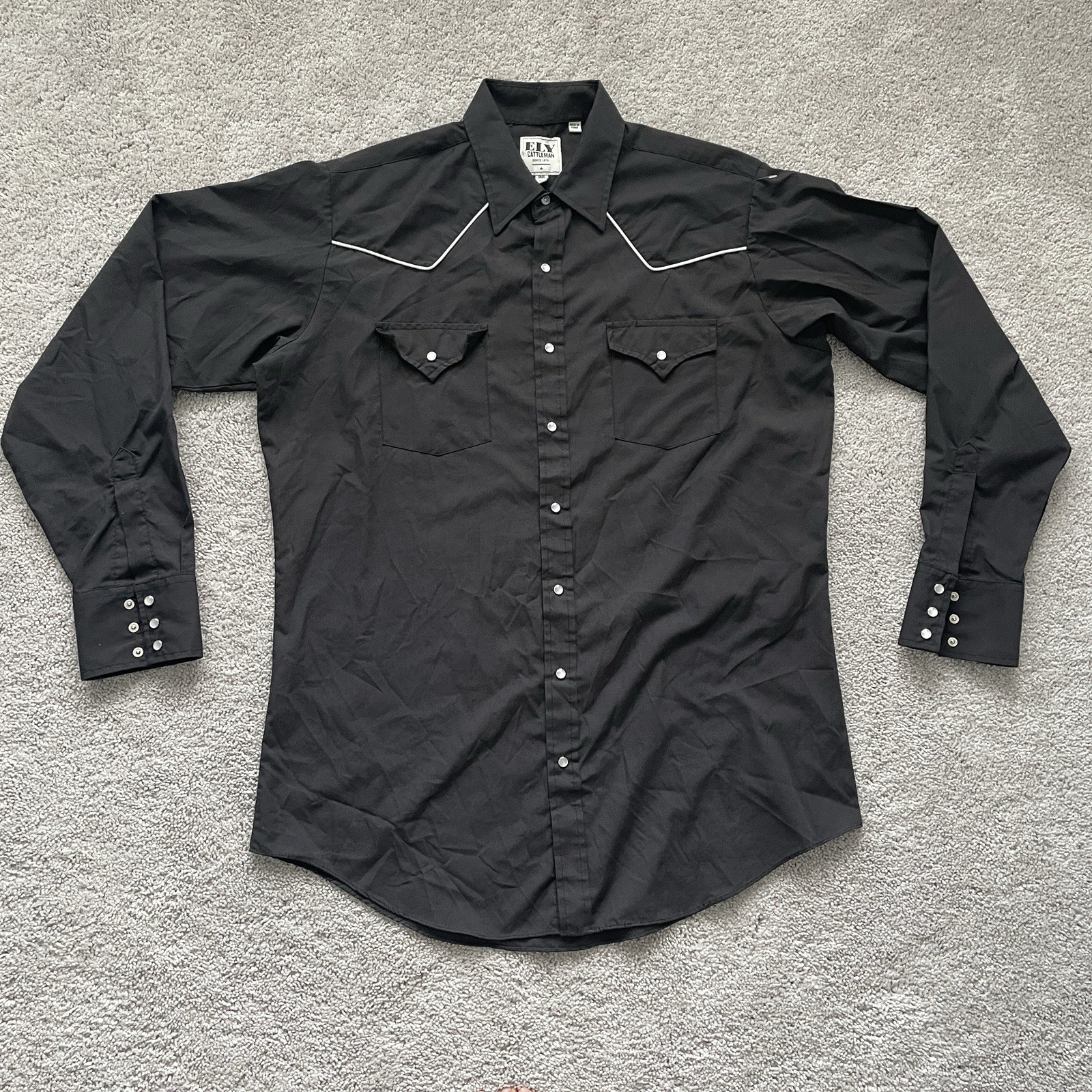 VTG Ely Cattleman Shirt Men's Tall Large Black Pearl Snap Country Western 90s