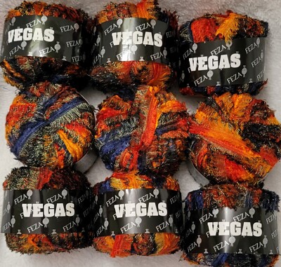 New Lot 9 Balls FEZA Vegas Ribbon Yarn Orange & Navy Multicolor 44yds
